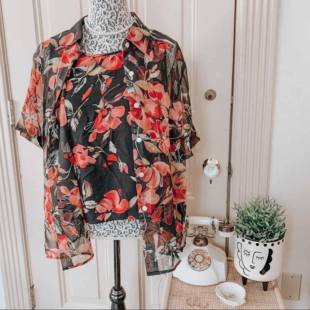 Vintage 2-Piece Black Floral Sheer Blouse SZ L